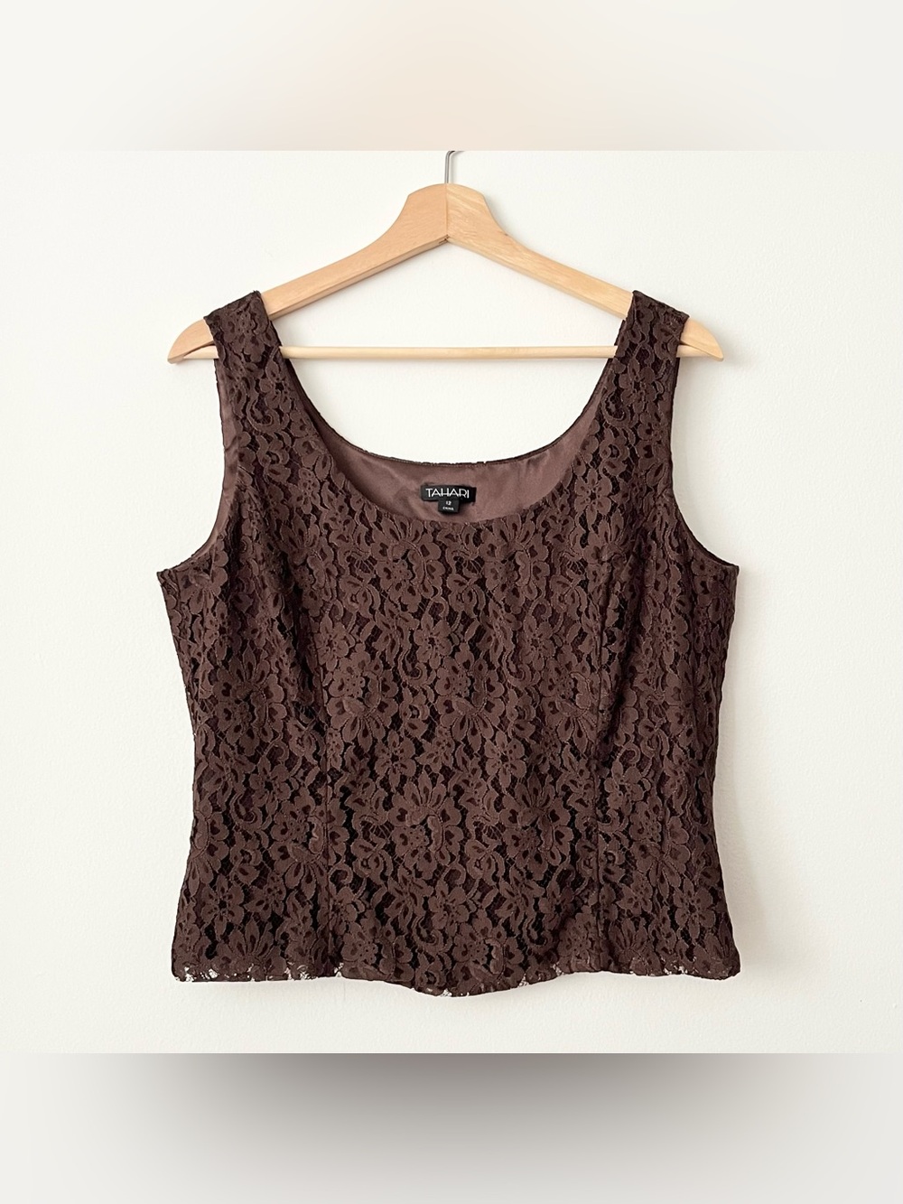 Tahari Women's Lace Tank Top Bustier Shell Size 12 Rich Brown Elegant Formal